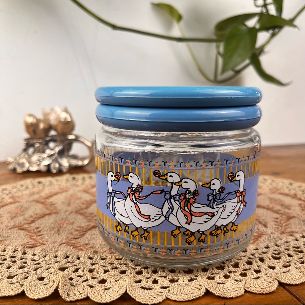 Vintage KIG Malaysia 80s/90s Glass Jar  Geese Duck Ribbons Cottage Granny Core